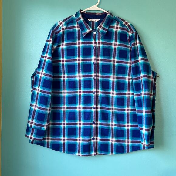 Riders by Lee Tops - Riders by Lee 1X Flannel Plaid Button Down Long Sleeve Top Blue Teal Red